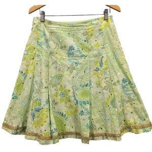 Vtg EXPRESS 90s Y2K Green Paisley Floral Flare Cotton Skirt Granny Core Fairy 8‎